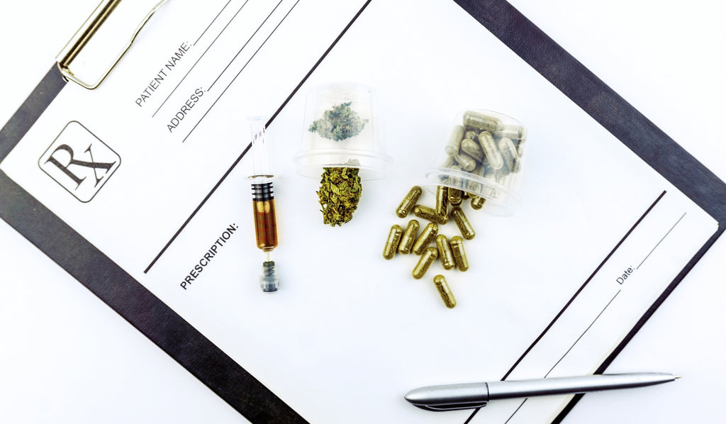 Cannabis and medicines on a medical clip board